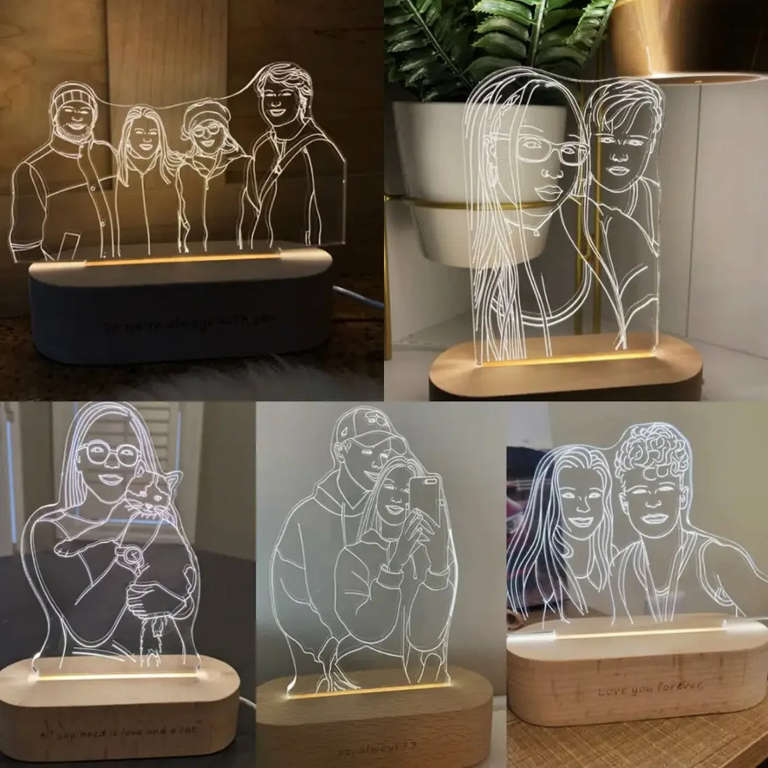 Several acrylic lamps with engraved outlines of different couples, lit up.