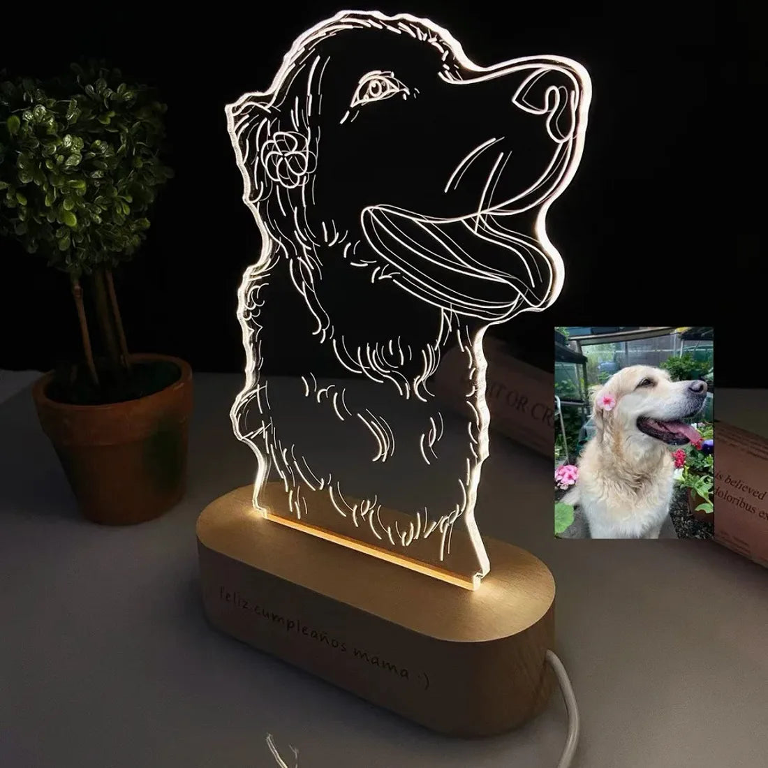 Lamp with the engraved outline of a dog, next to the original photo.